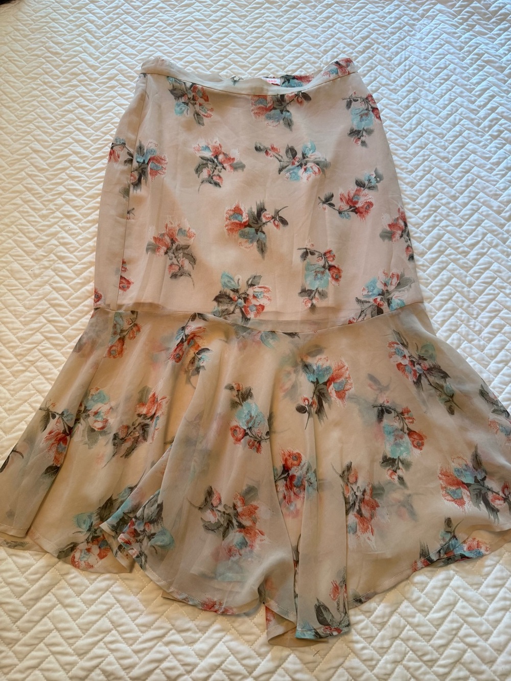 re:named Revolve Pink Floral High-Low Chiffon Skirt with Blue & Coral Blooms